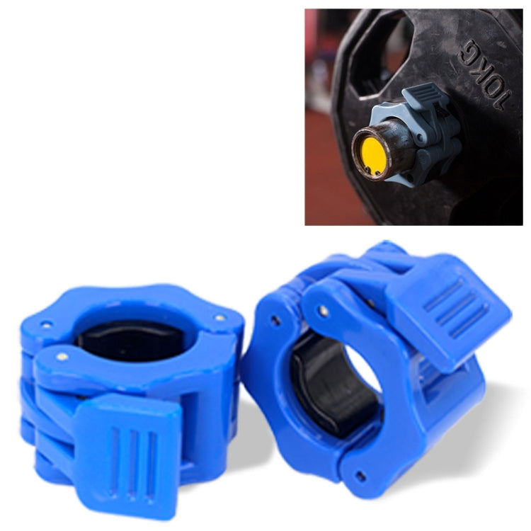 Blue plastic barbell buckle clamp pair with ridged latch and circular opening.