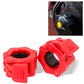 Red plastic barbell buckle clamp pair with ridged latch and circular opening.