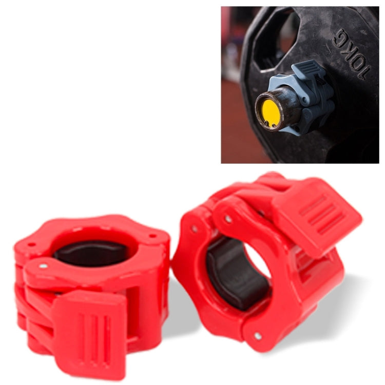 Red plastic barbell buckle clamp pair with ridged latch and circular opening.
