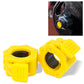 Yellow plastic barbell buckle clamp pair with ridged latch and circular opening.