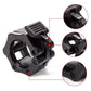 Black plastic barbell buckle clamp with ridged latch and visible screw points.