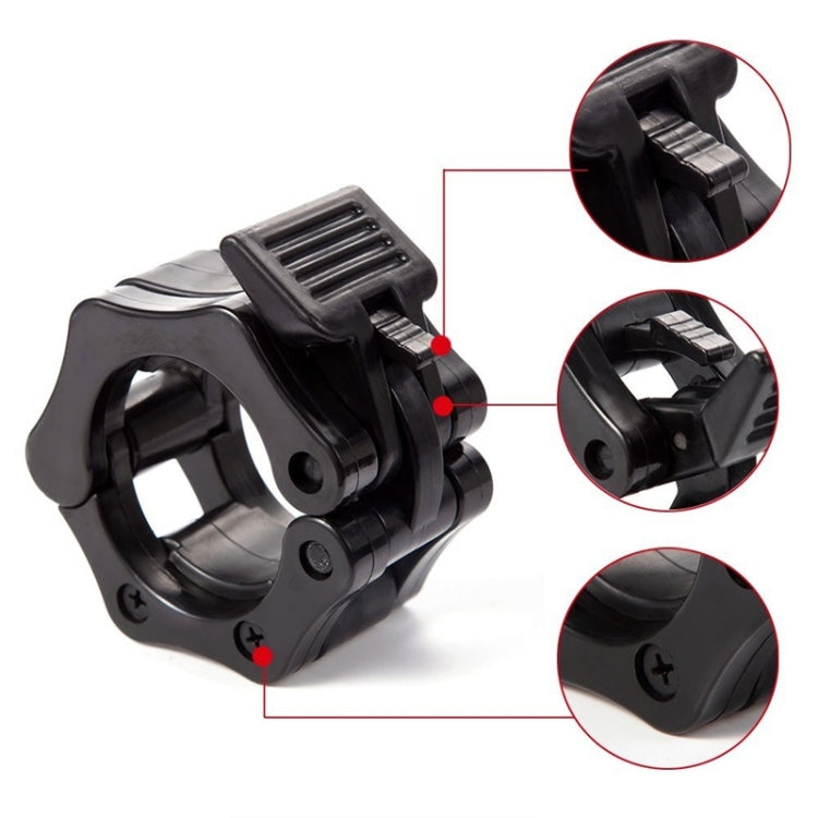 Black plastic barbell buckle clamp with ridged latch and visible screw points.