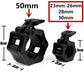 Black plastic barbell buckle clamp with ridged adjustment latch and circular opening.