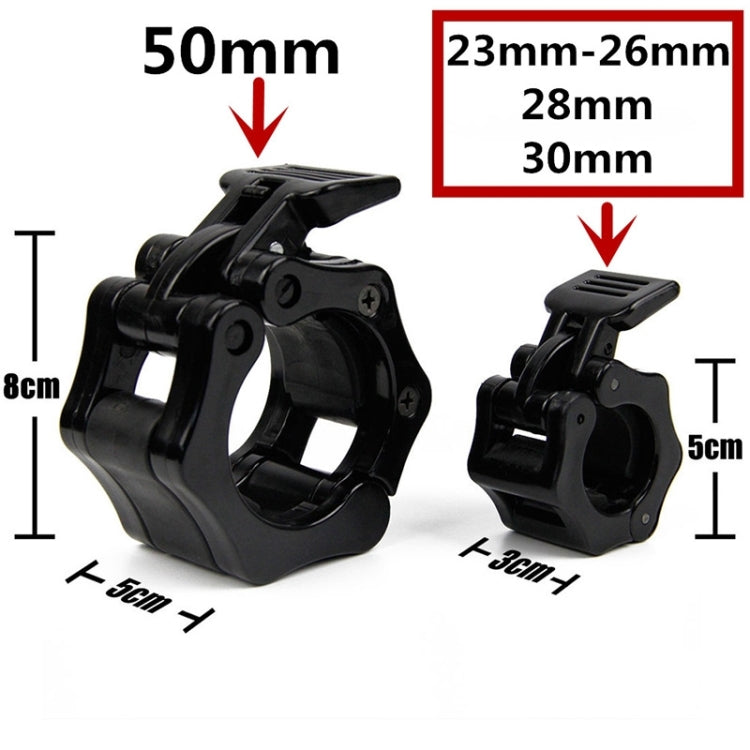 Black plastic barbell buckle clamp with ridged adjustment latch and circular opening.