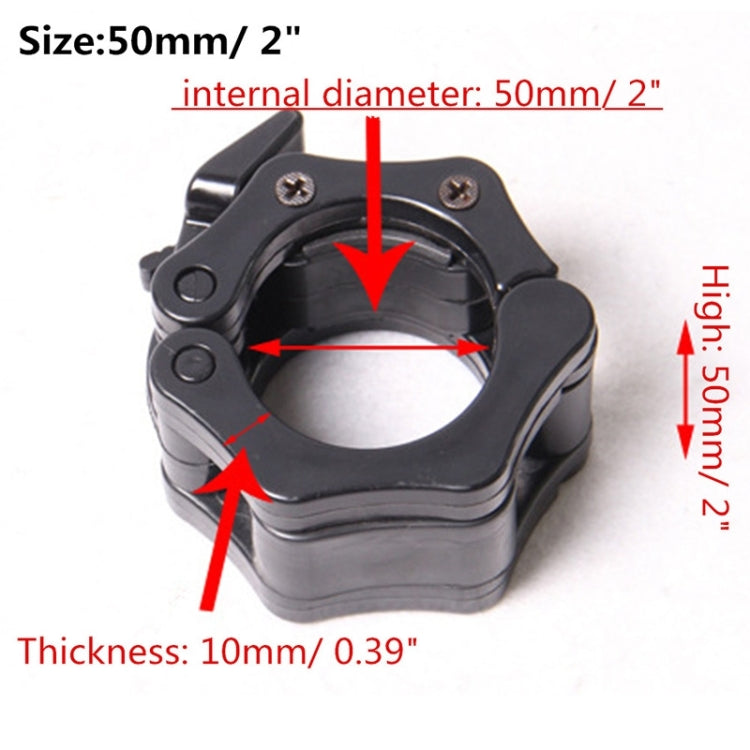 Black plastic barbell buckle clamp showing internal round hole and compact thickness profile.