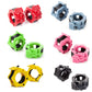 Assorted plastic barbell buckle clamps in red, green, pink, yellow, blue, and black.