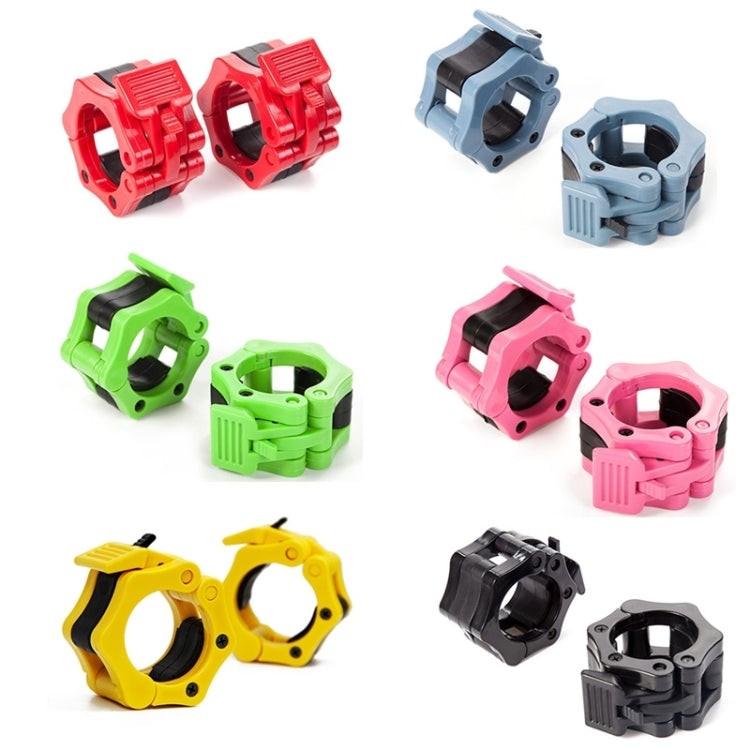 Assorted plastic barbell buckle clamps in red, green, pink, yellow, blue, and black.