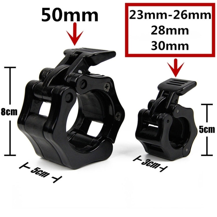 Black plastic barbell lock clamp set, front and side views