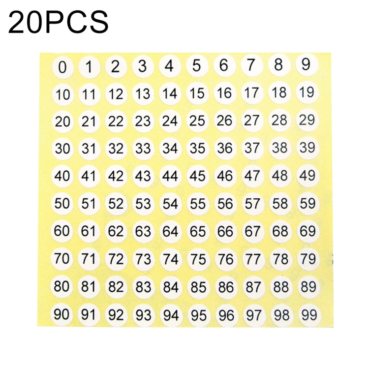 Round 0–99 number sticker sheet with circular digits, 20 PCS