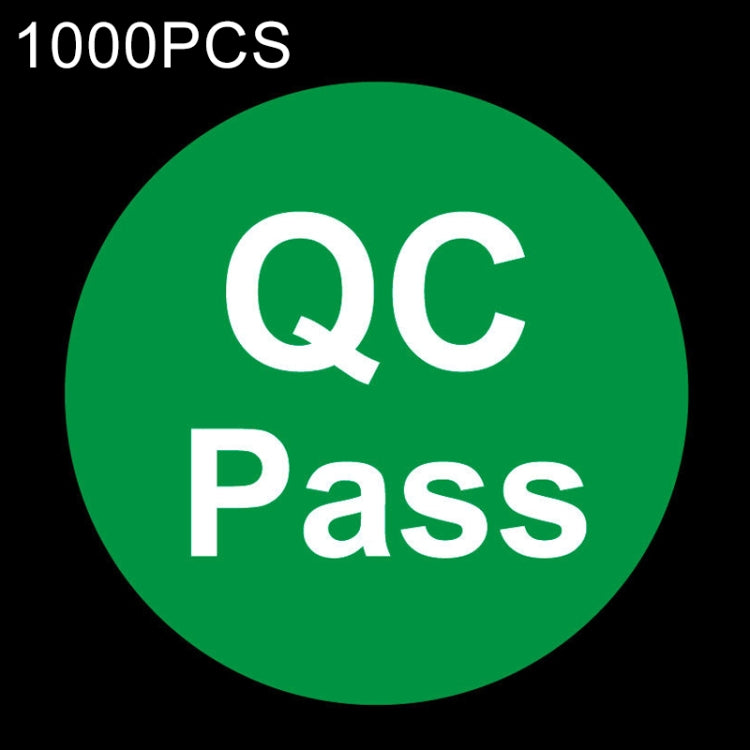 Green round QC Pass sticker, bold white QC and Pass text