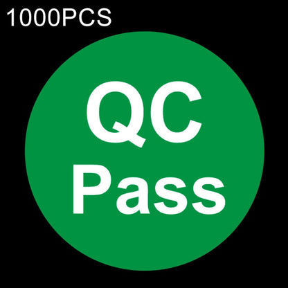 Green round QC Pass sticker, bold white QC and Pass text