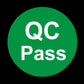 Green round QC Pass label, white QC and Pass lettering