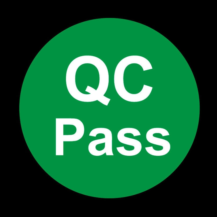 Green round QC Pass label, white QC and Pass lettering