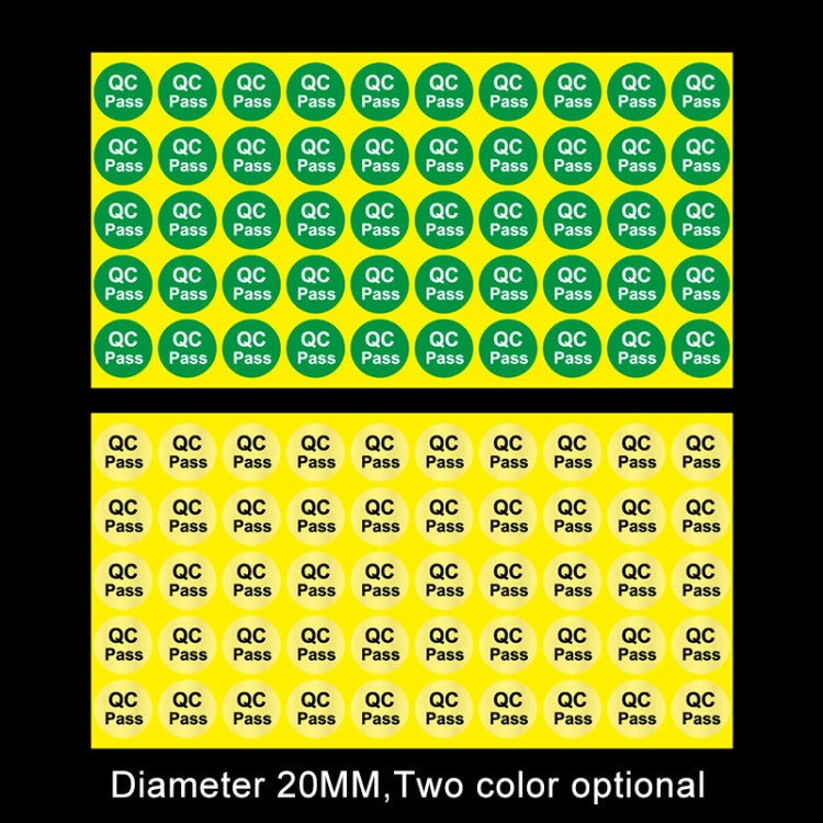 Sheet of round QC Pass stickers in a grid, repeating QC Pass text