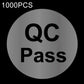 Transparent round QC Pass sticker, black QC and Pass lettering
