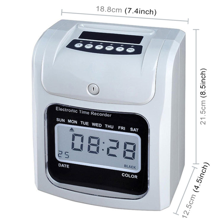 Electronic time recorder front view with large LCD time readout, white case