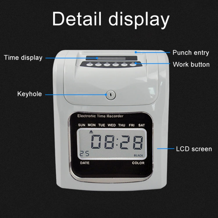 Electronic time recorder front panel with LCD screen and control buttons, white