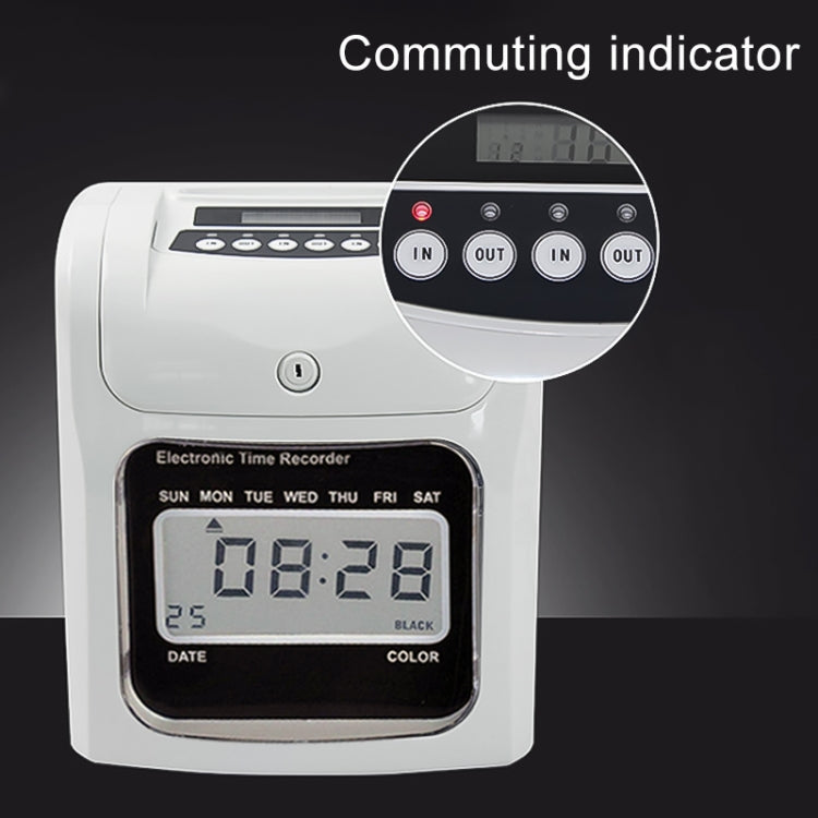 Electronic time recorder with IN/OUT buttons and LCD display, white housing