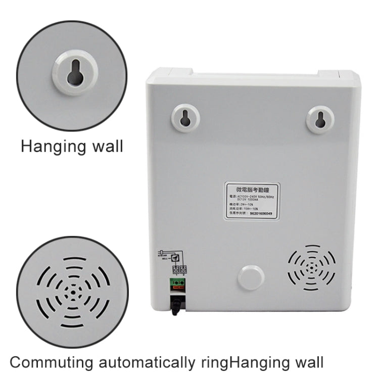 Wall-mount electronic time recorder rear panel with speaker and hanging holes, white