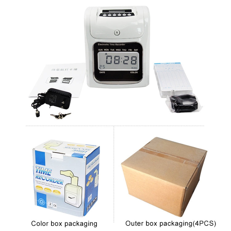 Electronic time recorder with power adapter, cards, and retail packaging boxes