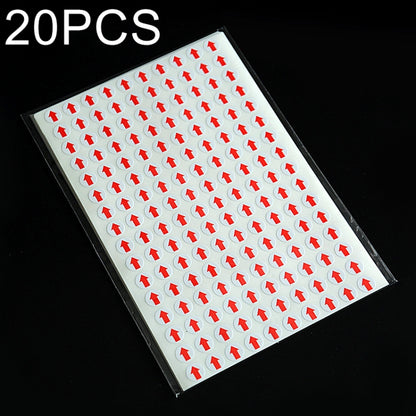 Round self-adhesive arrow rework stickers, sheet of red up arrows on white backing