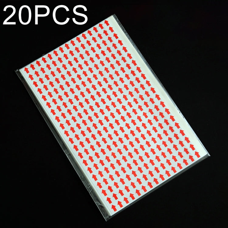 20-pack rectangle self-adhesive rework label sheets with red up-arrow pattern