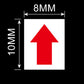 Red up-arrow sticker icon on white square, 8mm wide and 16mm tall