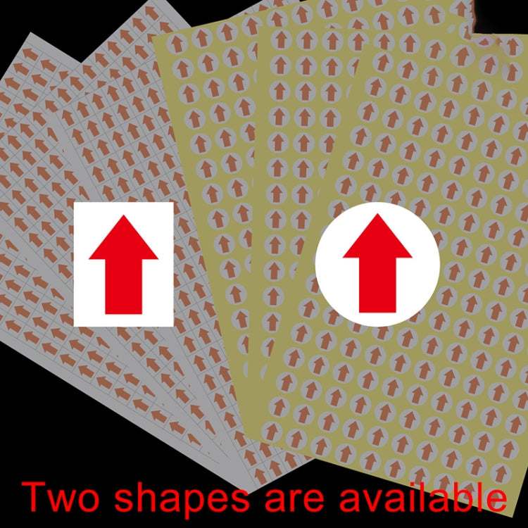 Self-adhesive arrow label sheets with red up-arrow icons, rectangle and round styles