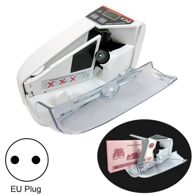 Portable paper money counter with open hopper and money feed tray, EU plug