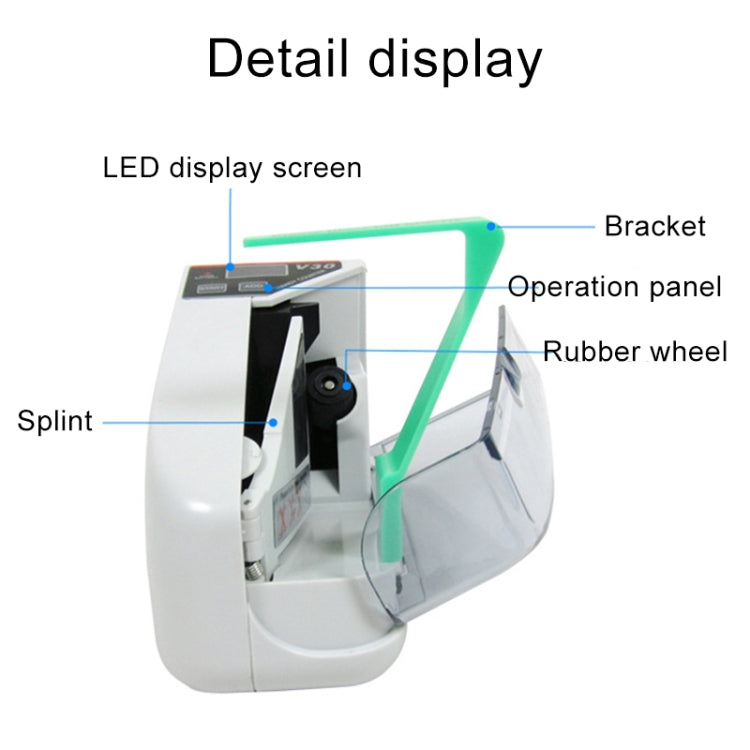 Portable money counter detail view with LED screen, operation panel, and rubber wheel