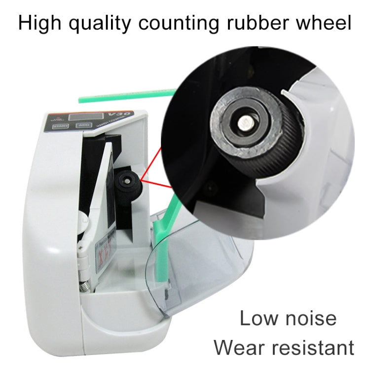 Portable money counter showing rubber counting wheel and low-noise design