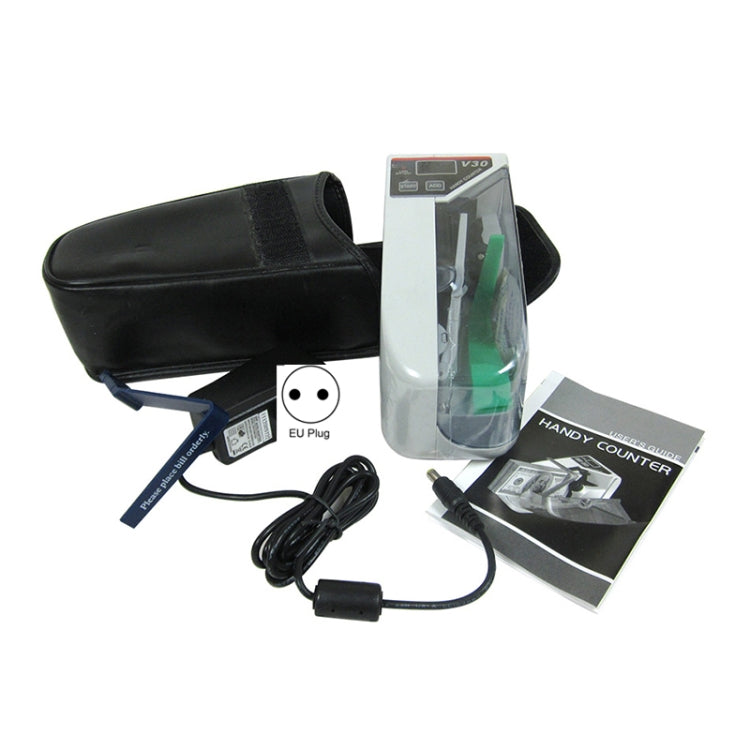 Portable money counter set with EU plug adapter, cables, instruction paper, and case