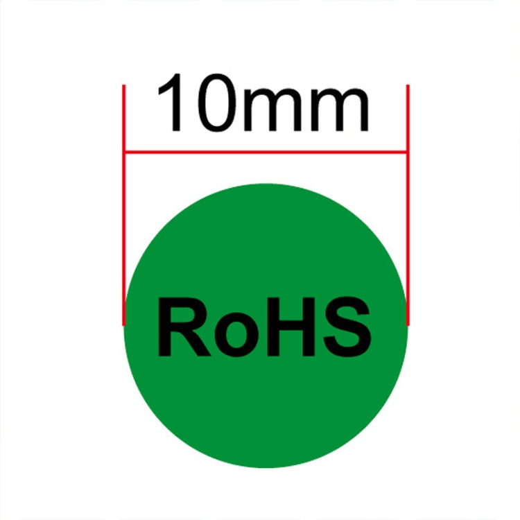10mm diameter RoHS round self-adhesive sticker, green circle with RoHS lettering