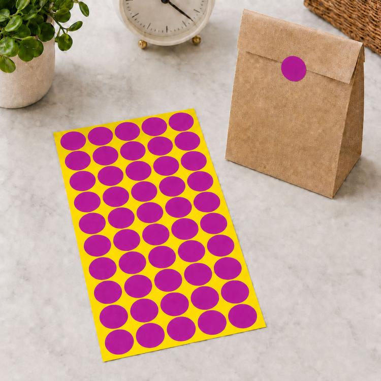 Round self-adhesive sticker labels sheet with purple circular dots