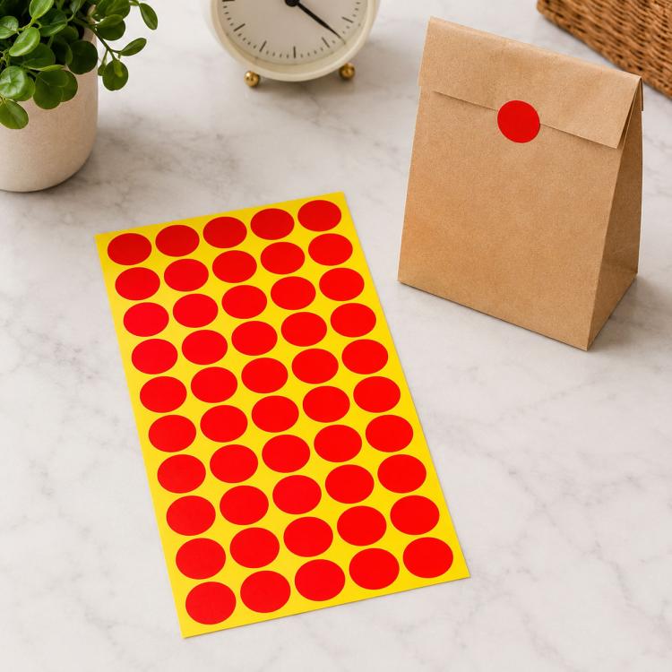 Round self-adhesive sticker labels sheet with red circular dots