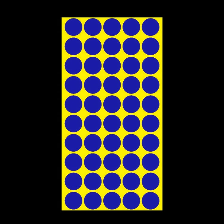 Round self-adhesive dot sticker sheet with dark blue circles on yellow backing
