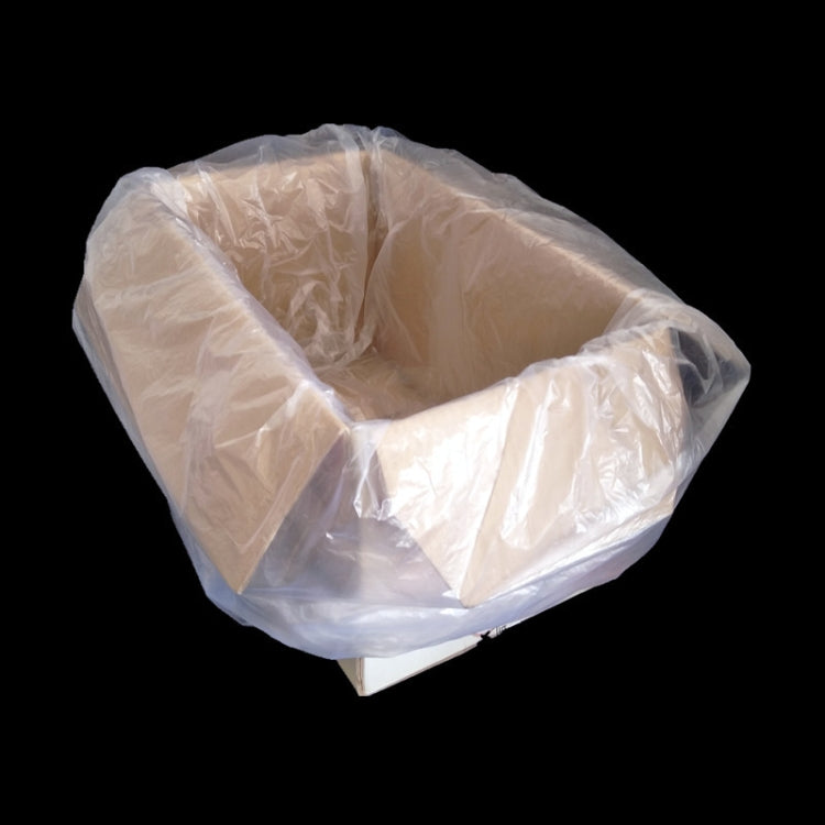 Clear plastic PE packaging bag with open top, crinkled texture