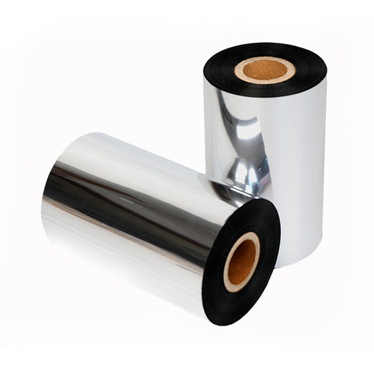 Wax-based barcode printing ribbon rolls with black outer edges and silver reflective coating