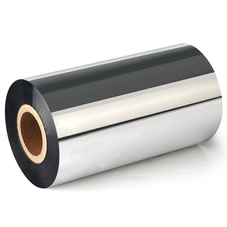 Thermal transfer ribbon roll, silver coated surface with dark outer edge and cardboard core