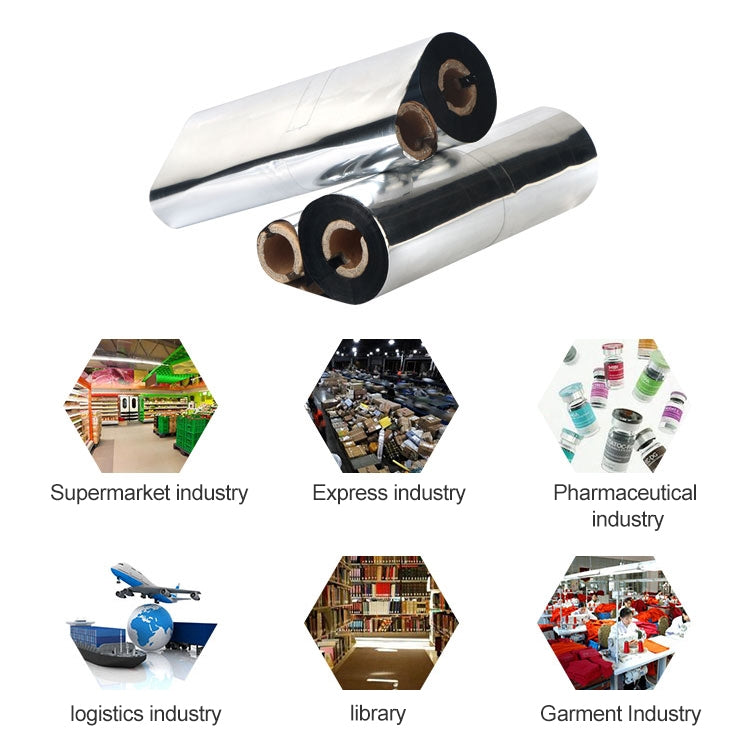 Pair of stacked thermal transfer ribbon rolls with silver coating and black outer edges