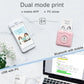 Pink A6 inkless pocket thermal printer with Bluetooth-connected smartphone