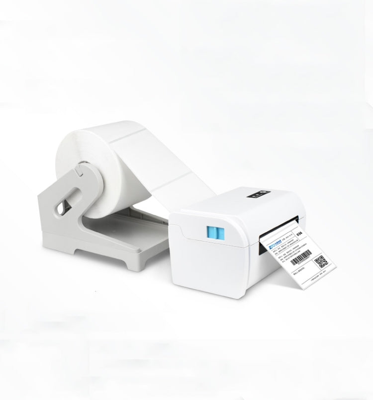 Thermal ticket printer with Bluetooth label on a connected adapter and loaded label roll