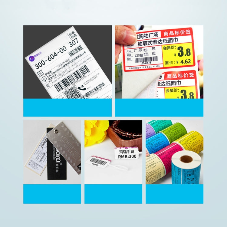 Printed thermal label samples with barcodes and QR codes