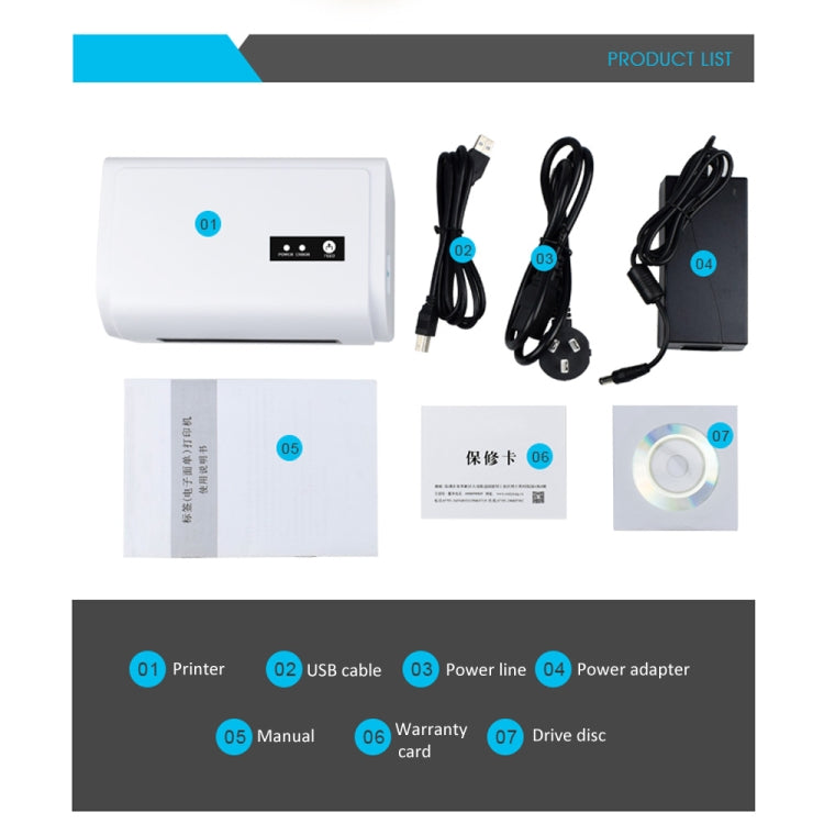 Thermal printer product kit contents with cables, drive disc, and manual card