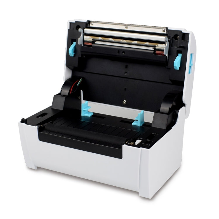Open white portable USB thermal ticket printer showing internal print mechanism