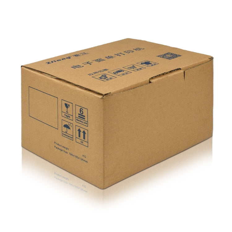 Brown cardboard shipping box for portable USB thermal ticket printer