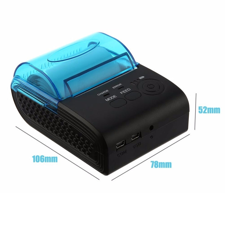 Portable Bluetooth thermal receipt printer with blue top cover and front USB/COM ports