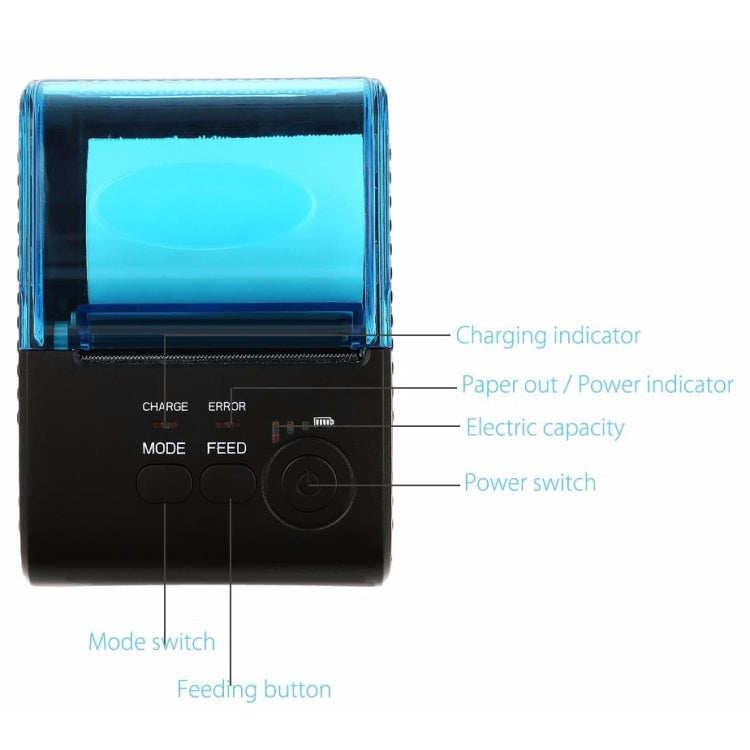 Bluetooth receipt thermal printer close-up of front indicators, mode and feed buttons