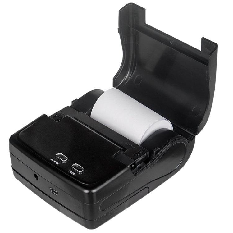 Black portable receipt matrix printer with open lid and paper roll