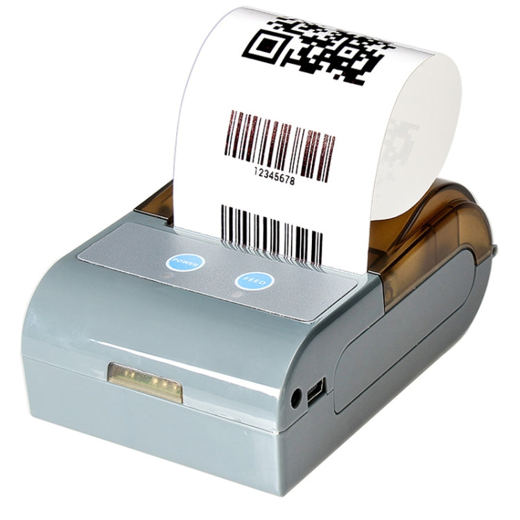 Portable Bluetooth thermal receipt printer with paper showing QR code and barcode